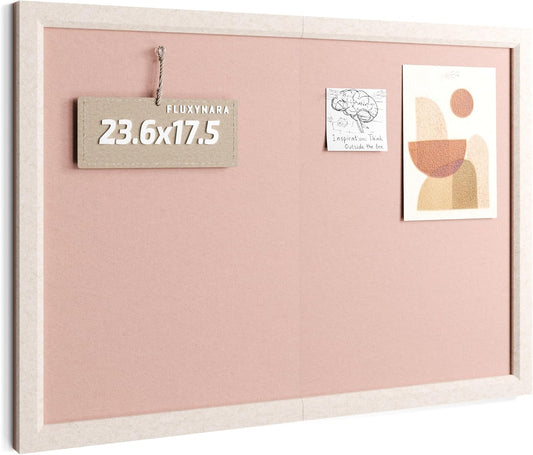 Fluxynara Foldable Cork Board Alternative, Felt Bulletin Board 23.6" x 17.5" Oatmeal Frame with 12 Adhesive Tabs, Pin Board for Home Office, Classroom, Entryway, Kitchen Wall Decor—Pink