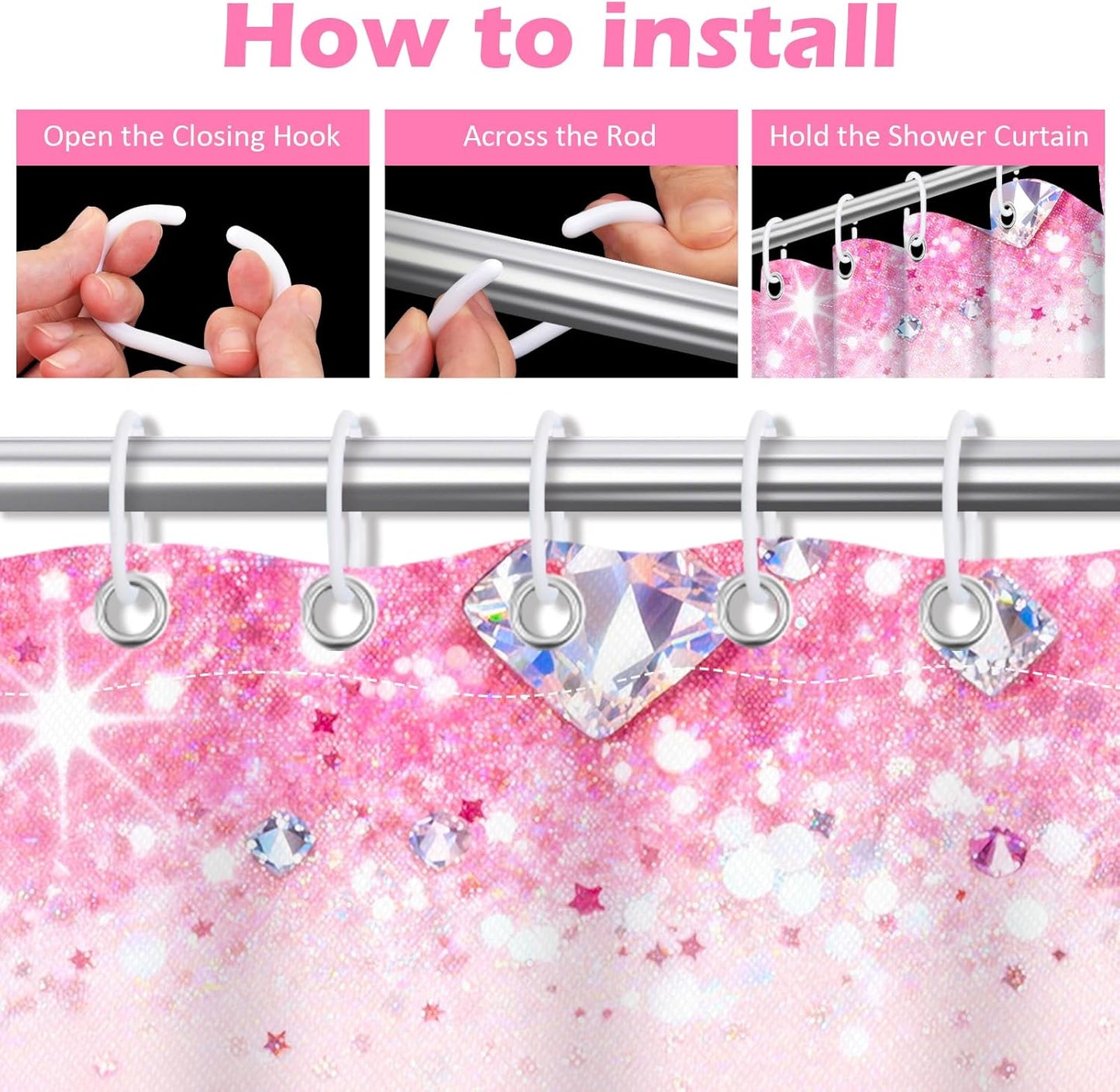 4Pcs Pink Bow Shower Curtain Sets, Bathroom Sets with Shower Curtain, Non-Slip Rugs, Toilet Lid Cover and Bath Mat, Pink Glitter Diamond Shower Curtain with 12 Hooks for Bathroom Set Decor