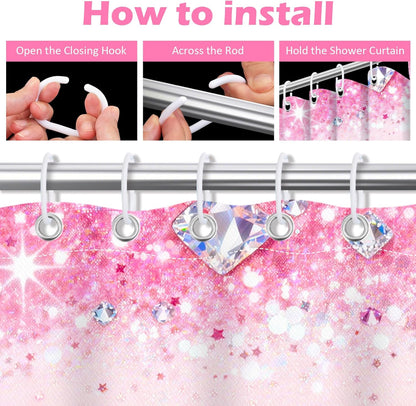 4Pcs Pink Bow Shower Curtain Sets, Bathroom Sets with Shower Curtain, Non-Slip Rugs, Toilet Lid Cover and Bath Mat, Pink Glitter Diamond Shower Curtain with 12 Hooks for Bathroom Set Decor