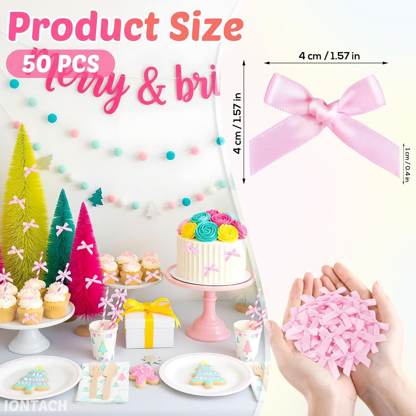 50 PCS Mini Satin Ribbon Bows for Crafts, 1.57" Tiny Bows for Cheer Pins Gift Wrapping Christmas Ornament Hair Clips Scrapbook Wedding Baby Shower Party Treats(Light Pink)