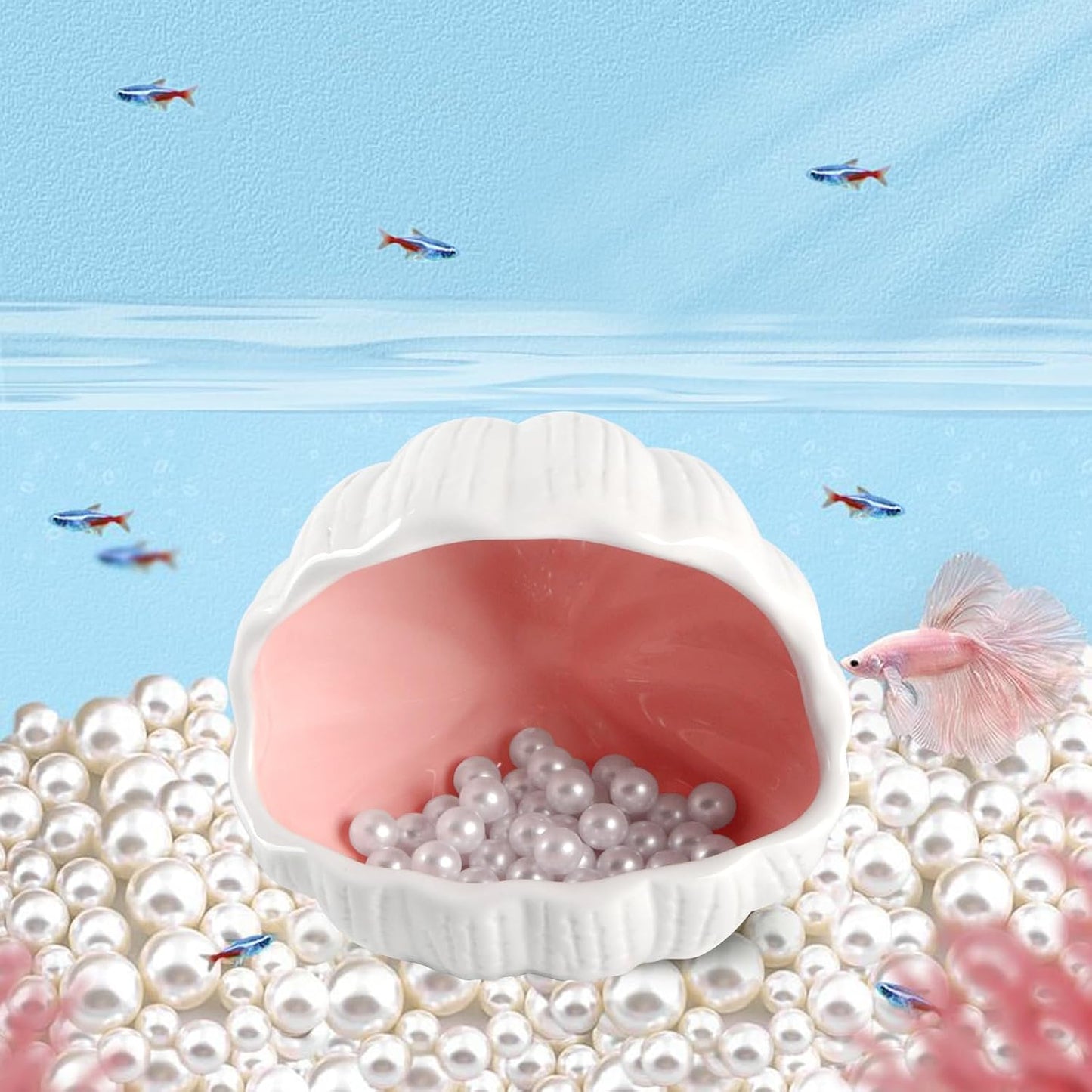 Aquarium Decorations, Cute Ceramic Betta Fish House, Conch Shell-Shaped Fish Tank Decor Accessory with Pearls, Hideout Cave for Fish Shrimp to Play Sleep Breed Rest (Pink)