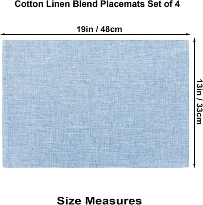 Light Blue Cloth Placemats Set of 4, 19 x 13 inch Cotton Linen Blend Machine Washable Double Layered Place Mats, Heat Resistant Rectangular Fabric Dining Table Mats, Indoors/Outdoors (Light Blue, 4)