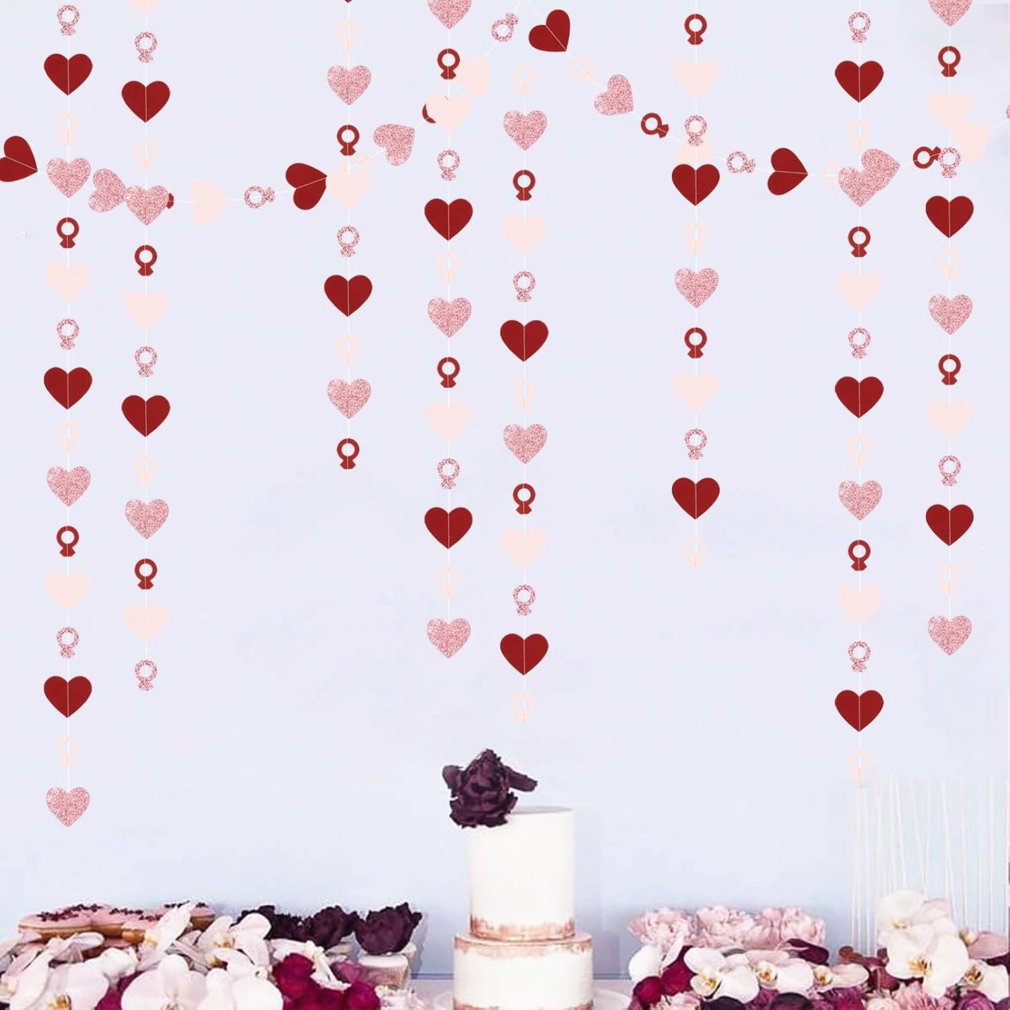 Rose-Gold Pink Burgundy-Red Heart-Ring Garland - 52Ft Engagement Bachelorette Party Decorations Wedding Paper Streamers Banner, Valentines Day Galentines Proposal Decor Lasting Surprise