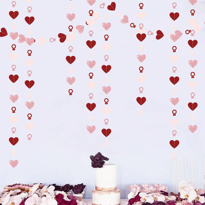 Rose-Gold Pink Burgundy-Red Heart-Ring Garland - 52Ft Engagement Bachelorette Party Decorations Wedding Paper Streamers Banner, Valentines Day Galentines Proposal Decor Lasting Surprise