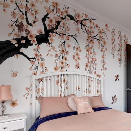 Cherry Blossom Branch Wall Stickers Watercolor Large Floral Bird Wall Decals Right-Extending Peel and Stick for Bedroom Living Room Kid's Room