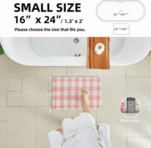 TYUU Waffle Bath Mat, Boho Bathroom Rugs Non Slip Washable Absorbent Checkered Bathroom Mat Quick Dry Cute Bath Mat, 24"x16" Pink and White