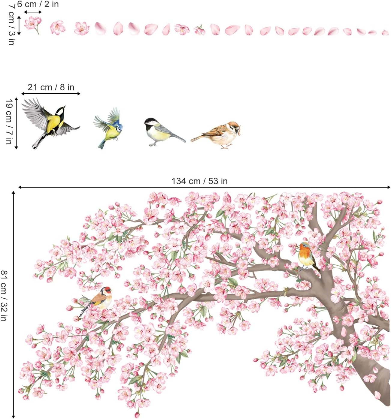 decalmile Large Cherry Blossom Tree Branch Wall Stickers Pink Floral Birds Wall Decals Baby Nursery Bedroom Living Room Home Decor