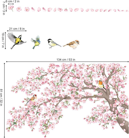 decalmile Large Cherry Blossom Tree Branch Wall Stickers Pink Floral Birds Wall Decals Baby Nursery Bedroom Living Room Home Decor