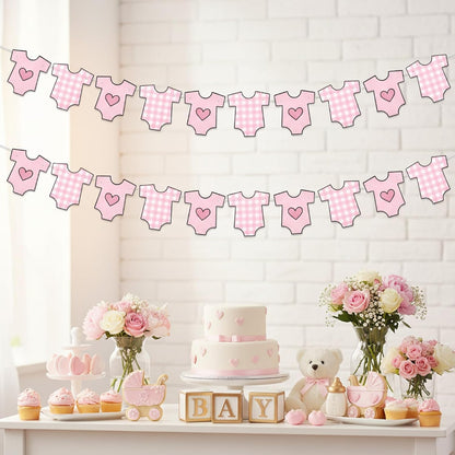 4 Pack Baby Shower Banner, Bodysuit Pink Baby Shower Decorations for Girl, Boy Girl Pink Bodysuit Banner Paper Garland Party Decor Supplies for Birthday Baby Gender Reveal Decorations Photo Props