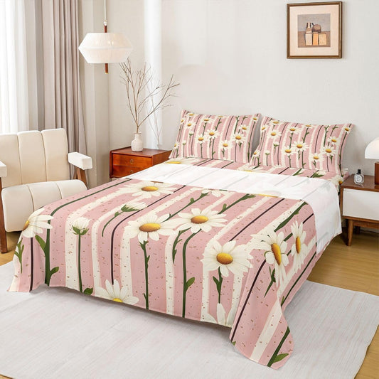 Manfei Stripe Daisy Bed Sheet Floral Cottagecore Bedding Sets (1 Fitted,1 Flat,2 Pillowcases) Sweet Girly Leaves Stems Luxury Deep Pocket Bed Sheets Kids Boys Girls Queen Peach Pink