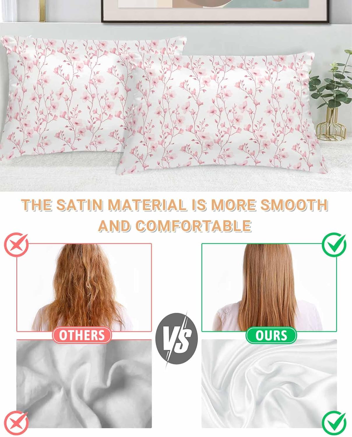 Satin Pillowcase for Hair and Skin Standard Size 2 Pack Pink Floral Satin Pillow Case Soft Breathable Smooth Cooling Silk Flower Tree Branch Pillowcases with Hidden Zipper Throw Pillow Covers 20x26