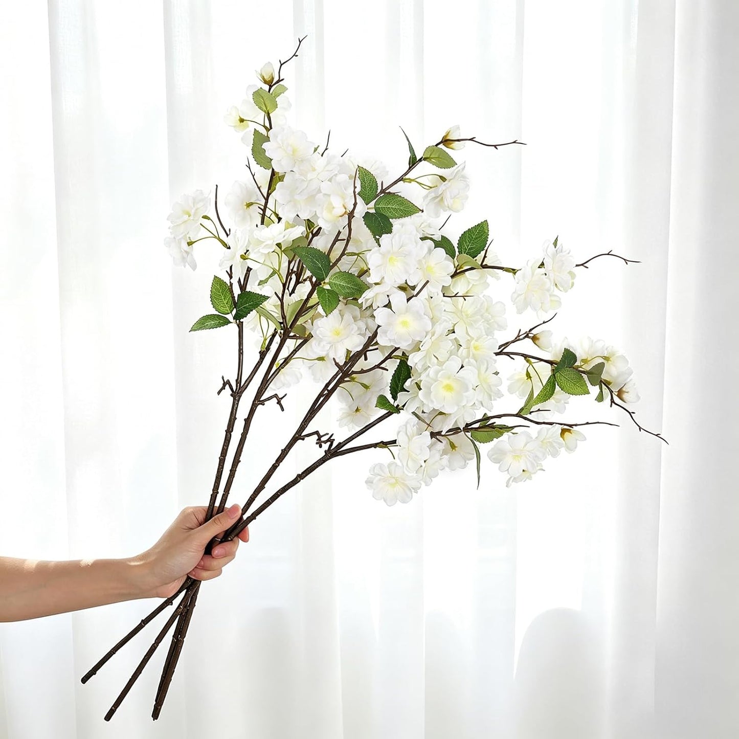 KHOYIME Artificial Cherry Blossom Branches 4PCS White Fake Silk Flowers Faux Long Stems Realistic Cherry Peach Floral Plants Spring Decor for Vase Table Centerpiece Indoor Home Office Wedding Party