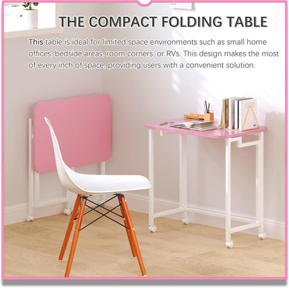 4NM 23.6" Mobile Small Rolling Computer Desk, Folding Laptop Cart Table with Wheels, Portable Office Desk for Small Space Couch Bed - Pink and White