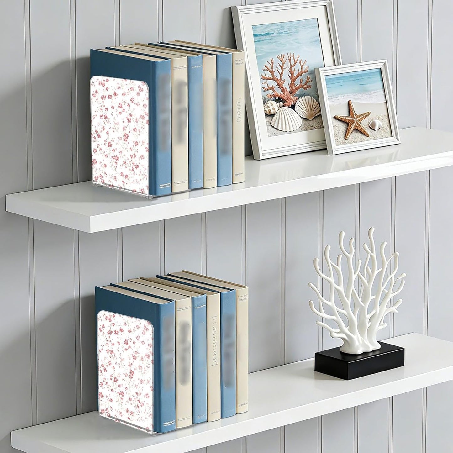 Light Pink Floral Small 2 Bookends Book Ends for Shelves Heavy Books Stopper Decorative Acrylic Non-Slip 1 Pair