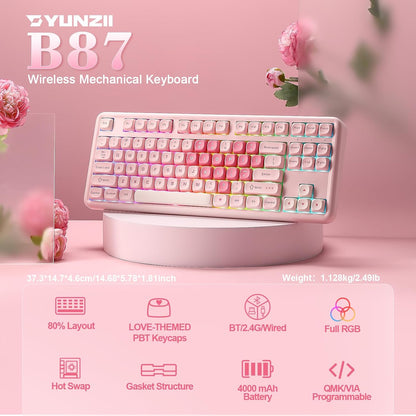 YUNZII B87 Wireless Mechanical Keyboard,QMK/VIA Programmable,TKL Layout 87 Keys,BT/2.4G/USB-C,Hot Swap Gasket Mount RGB Backlit Gaming with Wrist Rest for Win/Mac (Pink, Milk V2)