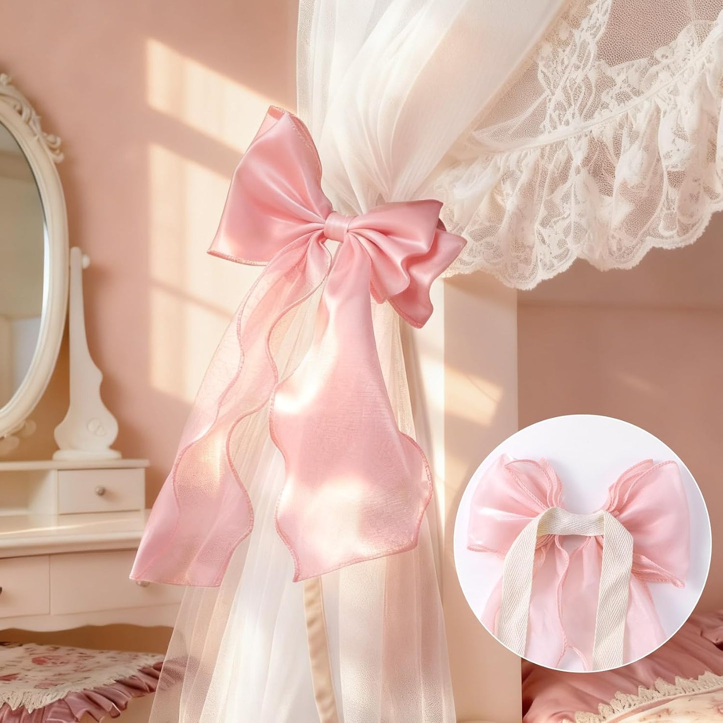 2pcs Silky Bow Curtain Tiebacks, Lace Ribbon Bowknot Curtain Straps, French Bow Ties Rope Holdbacks Accessories for Weddings Home Bedroom Office Decorations- Pink