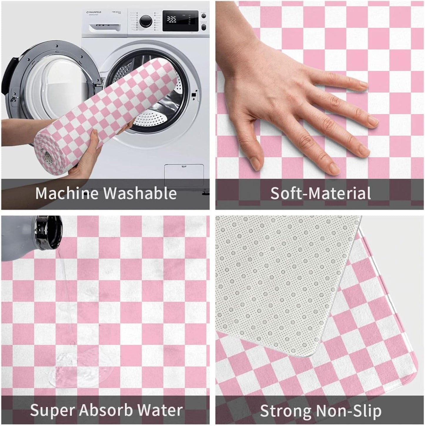 Bathroom Rugs Non Slip Washable - Pink Pastel Checkered Print Kitchen Mats for Floor, Area Rugs for Entryway Mats Indoor, Bathroom Laundry Room Door Rug with Rubber Backing 20 x 31.5 Inch
