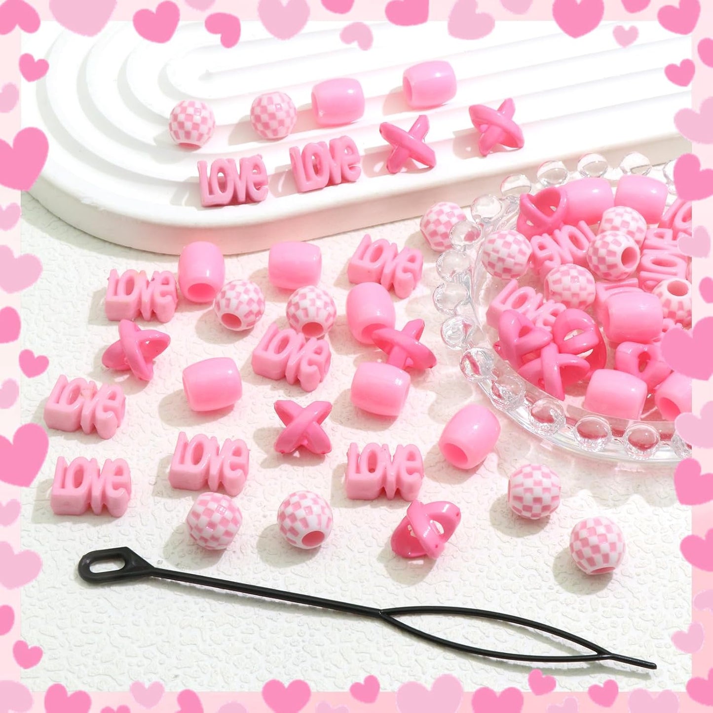 NAISKA 60PCS Pink Hair Beads Jewelry for Kid Large Loc Dreadlock Accessories for Braids Multi Shape Pony Beads Hair Cuff Charms Cute Braids Hair Decoration for Women and Girls