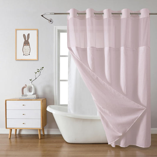 eachope BlushPink No Hook Waffle Weave Shower Curtain with snap-in Liner Replacement, 230GSM Waterproof Fabric Hotel Shower Curtain Set for Bathroom, Through Mesh Top Window,71Wx77H