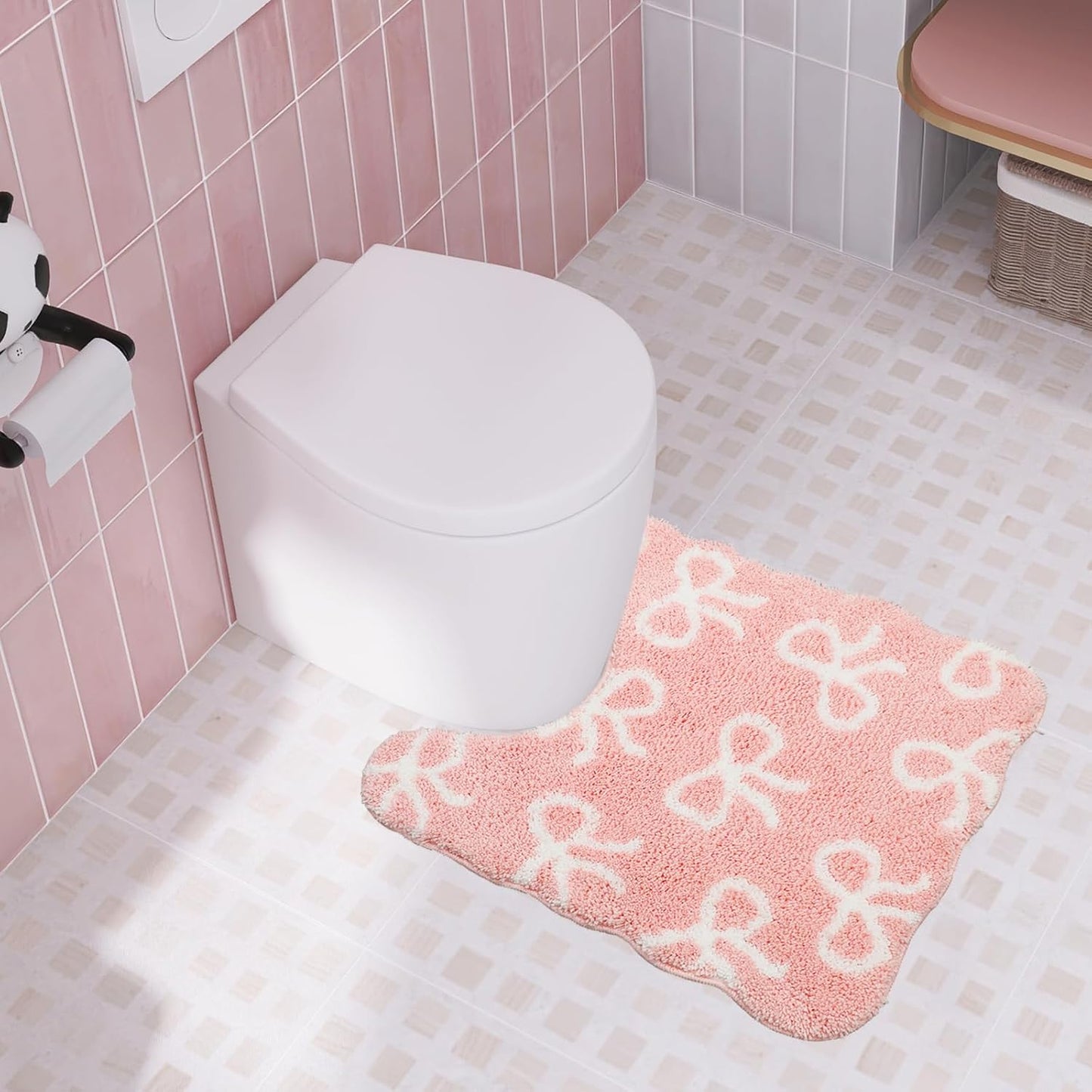 FYSUIMU Pink Bow Bathroom Rug U-Shaped Toilet Rug Soft Plush Bath Mat Non Slip Washable Floor Mat for Home Hotel Bathroom Restroom Decor