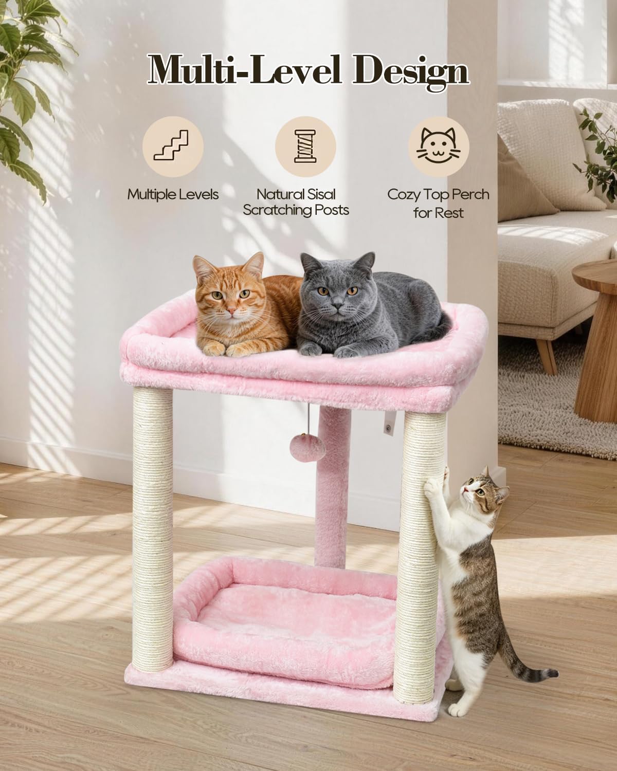 SYANDLVY Small Cat Tree for Indoor Cats with 2 Levels Perch Platforms, Natural Sisal Scratching Post Tower with Hanging Bell Ball & Anti-Tip Strap, Stable Cat Perch Furniture for Kittens, Pink