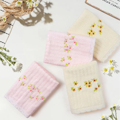 Jacquotha Bathroom Washcloths Face Towels 4-Piece, Floral Embroidered, Cotton, Pink & Cream 13” x 13"