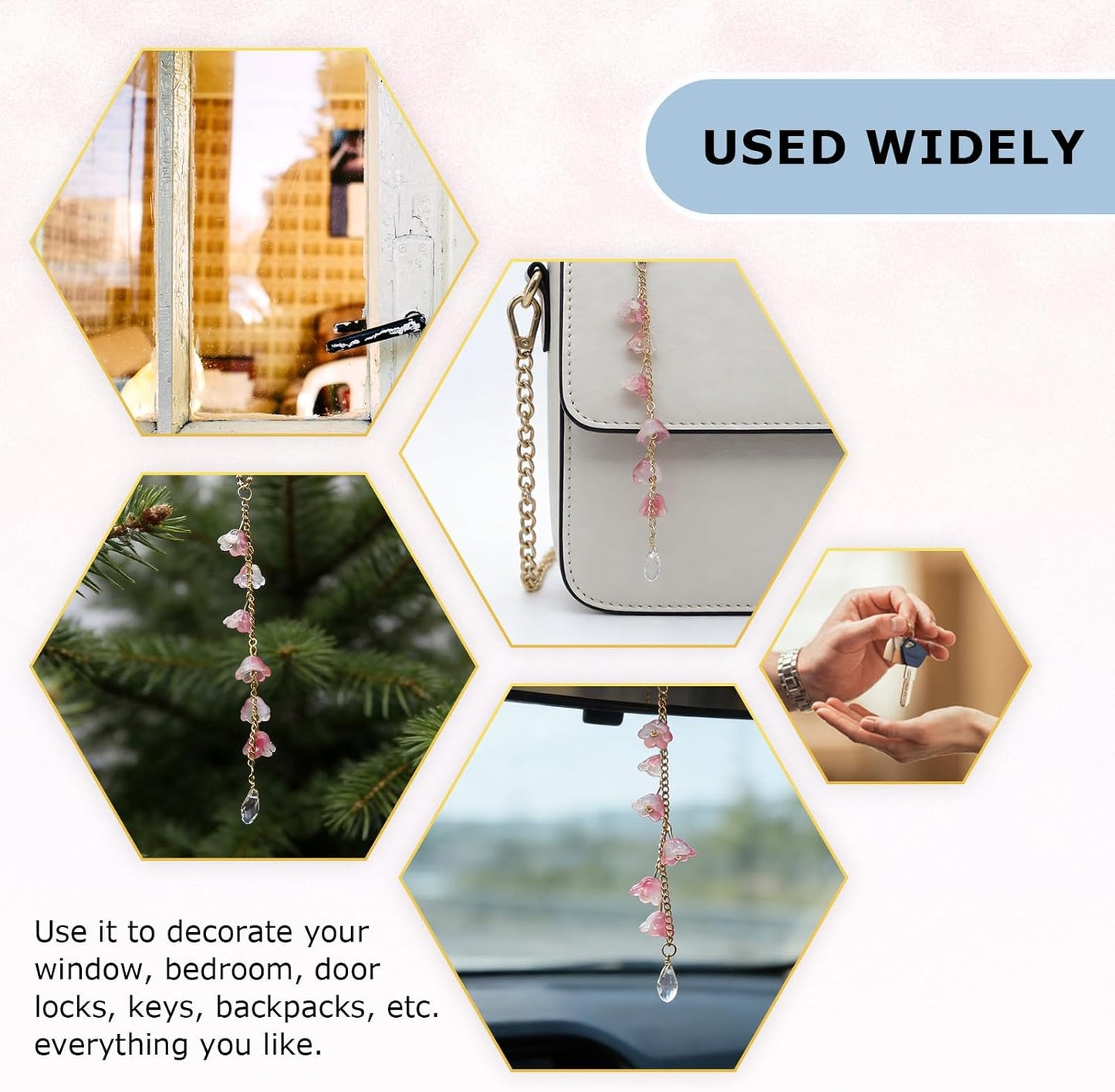 CASONA Glass Lily of The Valley Car Rearview Mirror Hanging Accessories,Cute Flower Car Charm,Girly Bellflower Sun Catcher,Pendant Ornament Gift for Women (Pink Flowers)
