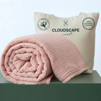 CLOUDSCAPE 4 Layer Muslin Blanket for Adults - 100% Cotton Blanket Queen Size Bedding, 92"x92" Fits Upto Full Size Bed, All-Season Lightweight Gauze Soft, Breathable Summer Blankets - Seashell Pink