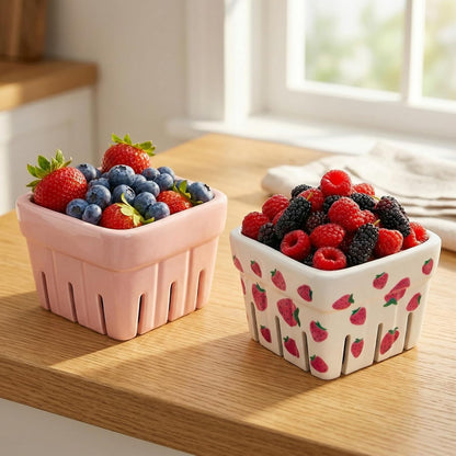 Pumtus 4 Pack Ceramic Berry Baskets, 4.7" Square Fruit Bowl with Holes & Pads, Pink White Fridge Berry Container, Decorative Strawberry Grape Cherry Colander, Fruit Crate Holder for Gift Kitchen