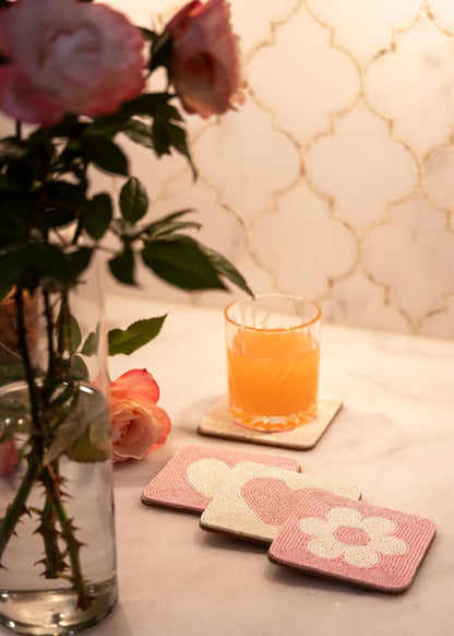 Handmade Beaded Coasters Set of 4, Handmade Boho Coasters for Drinks, Coffee Table Coasters, Cup & Drink Coasters, Pink Coaster Set, Pink Decor for Table, Gift for Her, Housewarming Gift Idea