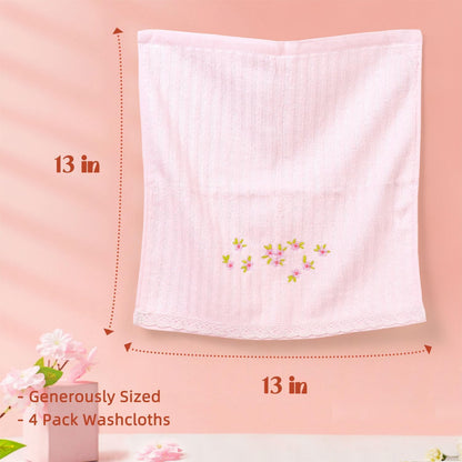 Jacquotha Pink Washcloths 4 Pack (Floral Embroidered), Soft Wash Cloths for Face, Body, Showering, Spa & Bathroom Decor, 13” x 13"