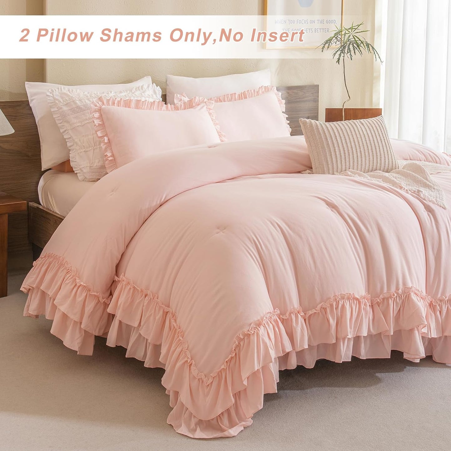 QSH Pink Ruffled Pillow Shams Queen Size Set of 2, Shabby Farmhouse Pillow Cases 20"x30", Boho Chic Bedding Pillow Covers Queen Ultra Soft and Breathable Microfiber Pillow Sham