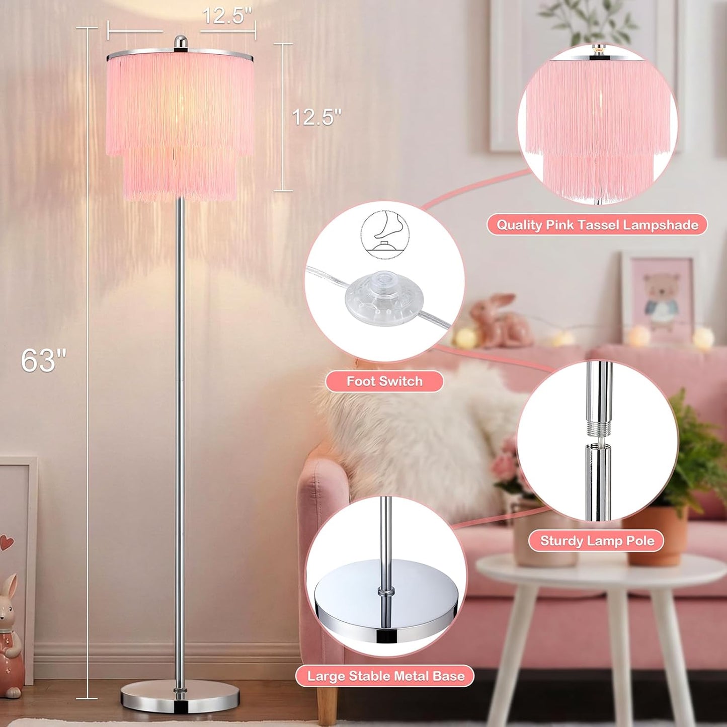 Lovlast Modern Floor Lamp with Pink Tassel Lampshade for Girls Room, 63" Tall Fringe Standing Bedroom Lamp with Soft Lighting, Boho Stand Up Corner Pink Lamp for Living Room（Bulb Included）