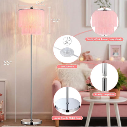 Lovlast Modern Floor Lamp with Pink Tassel Lampshade for Girls Room, 63" Tall Fringe Standing Bedroom Lamp with Soft Lighting, Boho Stand Up Corner Pink Lamp for Living Room（Bulb Included）
