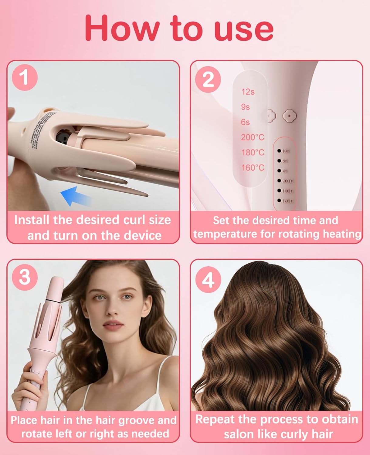 4 in 1 Automatic Curling Iron, Rotating Auto Hair Curler with 1" 1.25" 1.5" Barrels & Straightening Brush, 3 Temp 3 Timer, Ionic Ceramic, Anti-Scald, 60 Min Auto Shut-Off(Cherry Blossom Pink)
