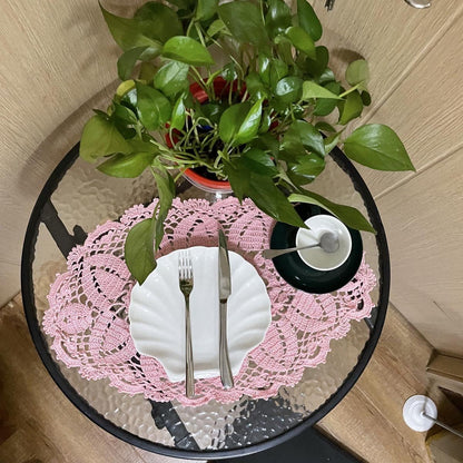 Mother's Day Wedding 2PCS 11.8 x 22 inches Lace Doilies Pink Placemats Oval Round Flower Handmade Crochet Doily Table Mat for Kitchen