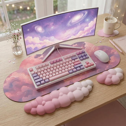 Cloud Mouse Pad Keyboard Wrist Rest for Mouse 4PCS Extended Large Galaxy Space Desk Mat Pad Set Memory Foam Non-Slip Cute Ergonomic Game Mouse Wrist Support for Computer Home Office Pink Starry Sky