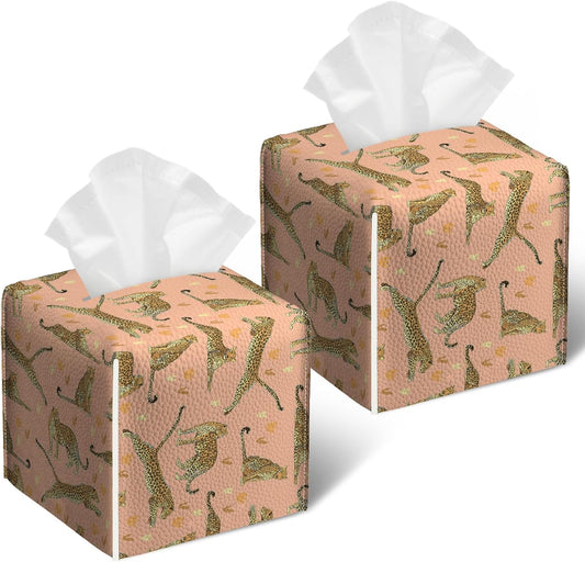 2 Pack Pink Cheetah Tissue Box Cover Square Animal PU Leather Tissue Box Holder Waterproof Facial Paper Organizer Dispenser for Bathroom Kitchen Home Office Car