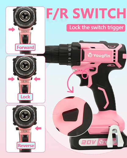 Cordless Drill Driver Set 20V Power with Battery Charger and Carrying Case, 25+1 Torque Electric Drill, Variable Speed, 266 In-lb, 3/8'' Keyless Chuck, 34pcs Driver Bit, for Women, Pink