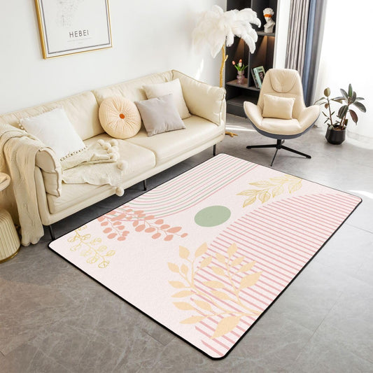 Erosebridal Boho Abstract Pink Area Rug 3x5 Mid Century Minimalist Modern Rug for Bedroom Living Room Golden Tropical Leaves Geometric Carpet Decor Bohemian Contemporary Aesthetic Indoor Floor Mat