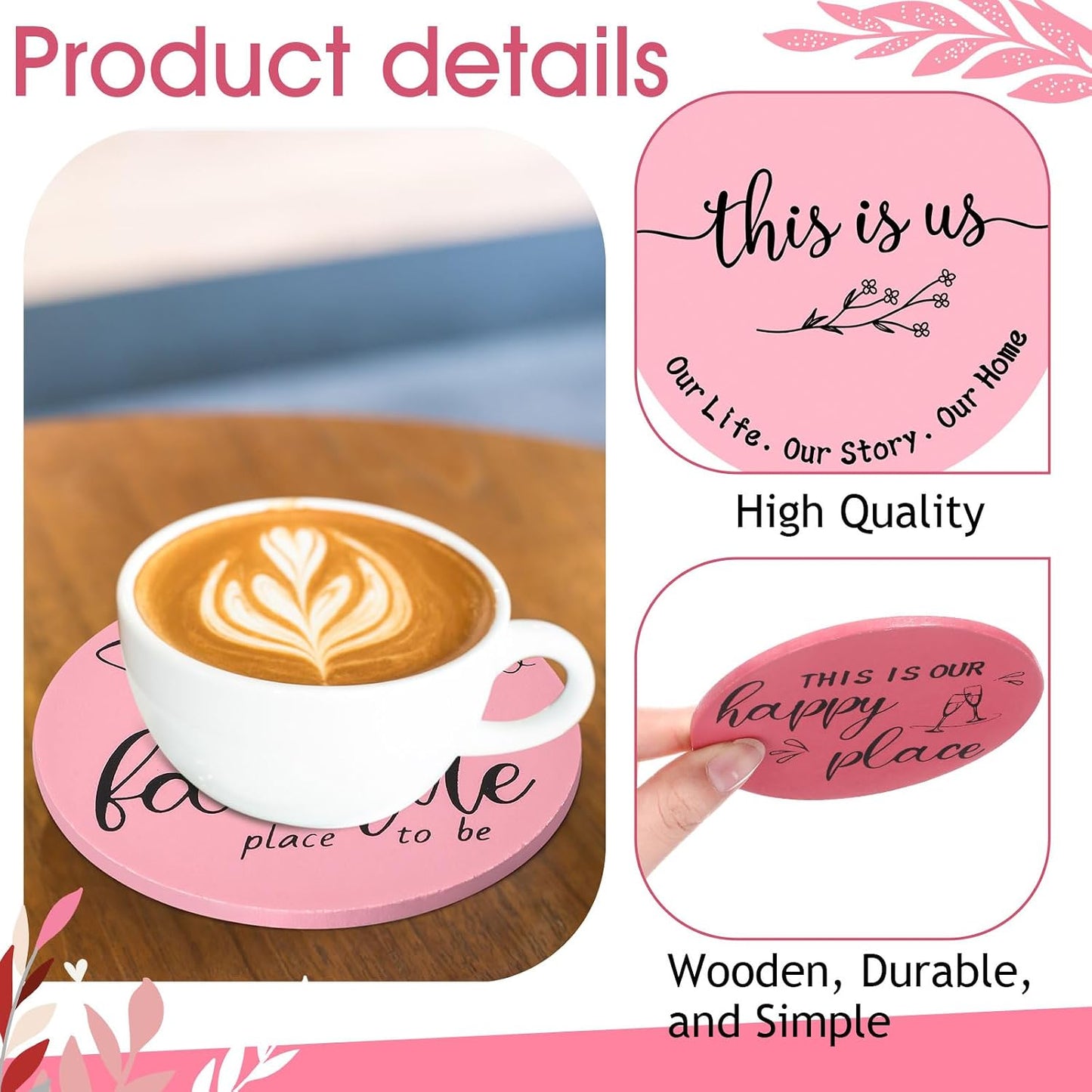 Queekay Coasters Set of 6 House Warming Gifts New Home Wooden Farmhouse Drink Coasters with Holder 4'' Funny Decoration for Kitchen Family Coffee Bar Tabletop Protection(Pink)
