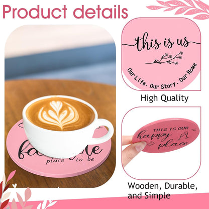 Queekay Coasters Set of 6 House Warming Gifts New Home Wooden Farmhouse Drink Coasters with Holder 4'' Funny Decoration for Kitchen Family Coffee Bar Tabletop Protection(Pink)