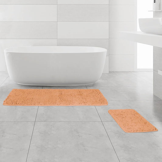 Yeaban Bathroom Rugs Sets 2 Piece,Thick Chenille Bath Mats,Absorbent and Washable Bath Rug Non-Slip, Extra Soft Rugs for Bathroom Floor,Tub,Shower and Sink(17"x24" and 17"x47",Peach)
