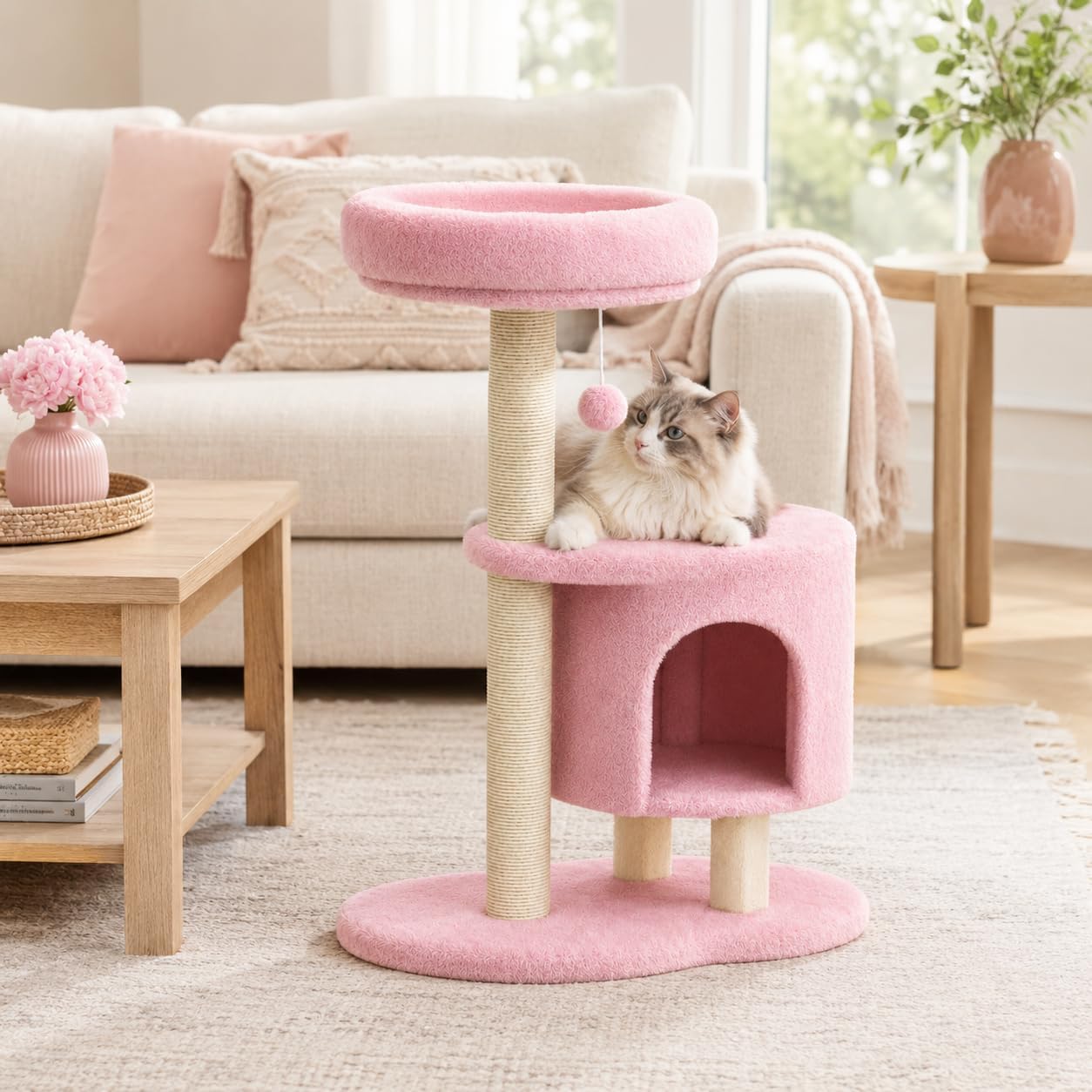 Small Cat Tree, 34.3 Inches Cat Tower with Scratching Post, Condo, Interactive Hanging Ball, Plush Perch for Indoor Large Cats, Pink