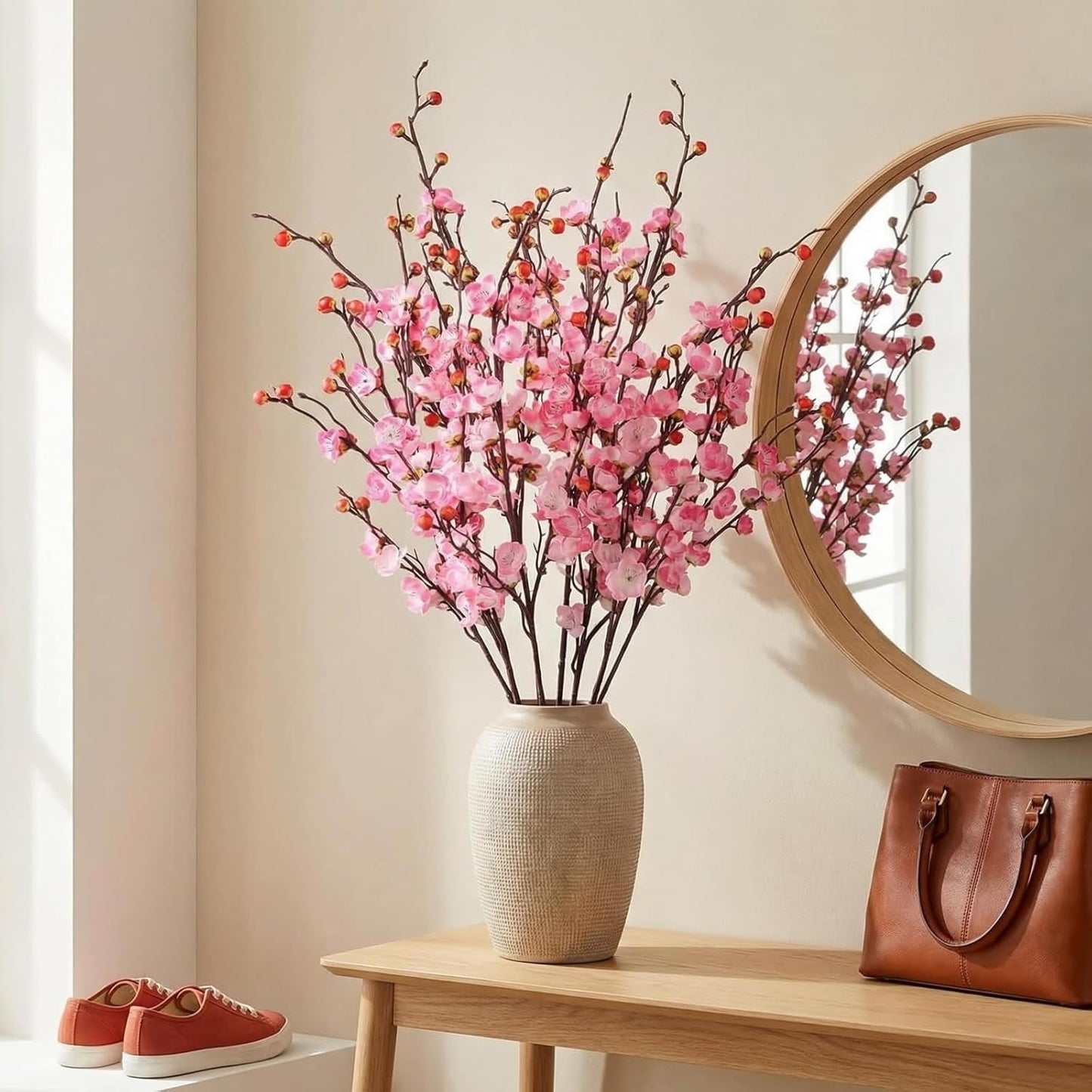 8pcs Pink Cherry Blossom Branches Artificial Flowers for Winter Spring Indoor Decoration, 36" Plum Fake Peach Plants for Wedding Home Office Bedroom Party Decor (Pink, 36in)