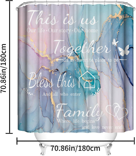 4Pcs Family Marble Shower Curtain Sets with Rugs,Pink Blue Home Inspirational Bathroom Decor Set, Bathroom Sets with Shower Curtain and Rugs, Waterproof Bathroom Shower Curtains, with 12 Hooks