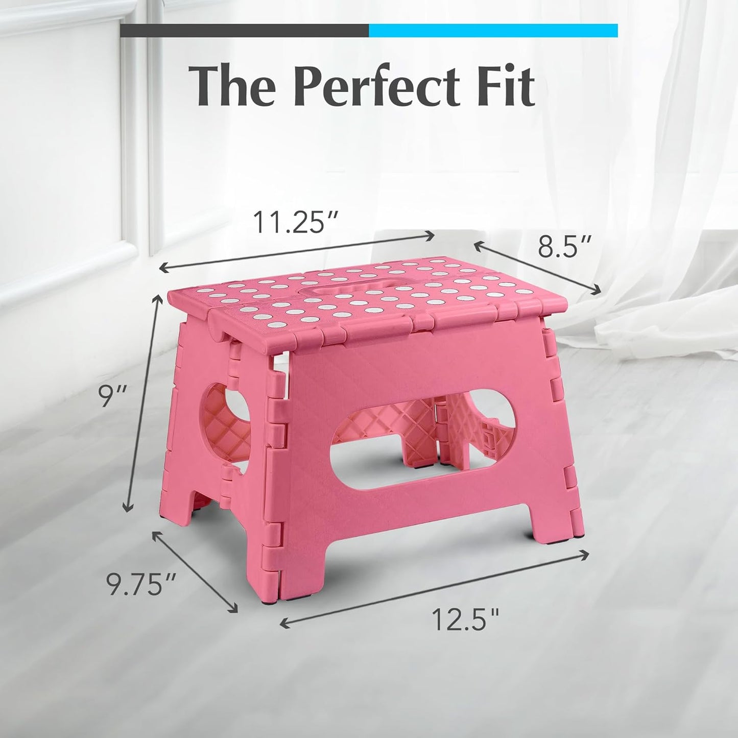 Handy Laundry Folding Step Stool for Adults & Kids, 9 Inch Sturdy Plastic Step Stool Foldable with Handle, Non-Slip, 300 lb Capacity, Lightweight & Compact for Kitchen, Bathroom, Bedroom, Pink