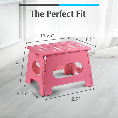 Handy Laundry Folding Step Stool for Adults & Kids, 9 Inch Sturdy Plastic Step Stool Foldable with Handle, Non-Slip, 300 lb Capacity, Lightweight & Compact for Kitchen, Bathroom, Bedroom, Pink