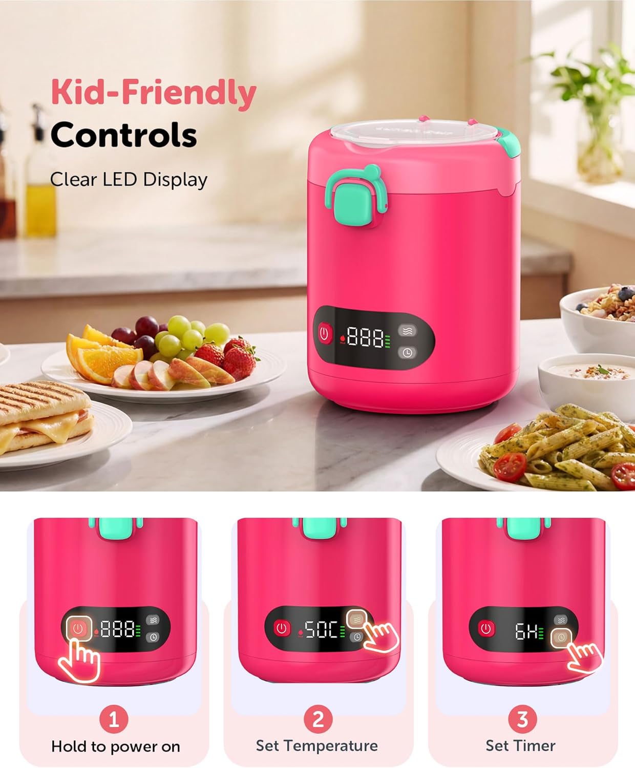 EAST OAK Heated Lunch Box for Kids, 13oz Cordless Electric Lunch Box with Temp Settings & Timer, Portable Food Warmer, 304 Insulated Food Container & Jar, BPA-Free for Early School(Pink)
