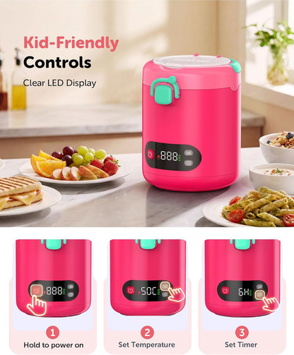 EAST OAK Heated Lunch Box for Kids, 13oz Cordless Electric Lunch Box with Temp Settings & Timer, Portable Food Warmer, 304 Insulated Food Container & Jar, BPA-Free for Early School(Pink)